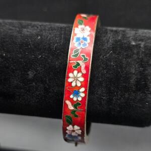 Cloisonne Red Enamel Flower Bracelet Hinged Bangle Vintage Jewelry